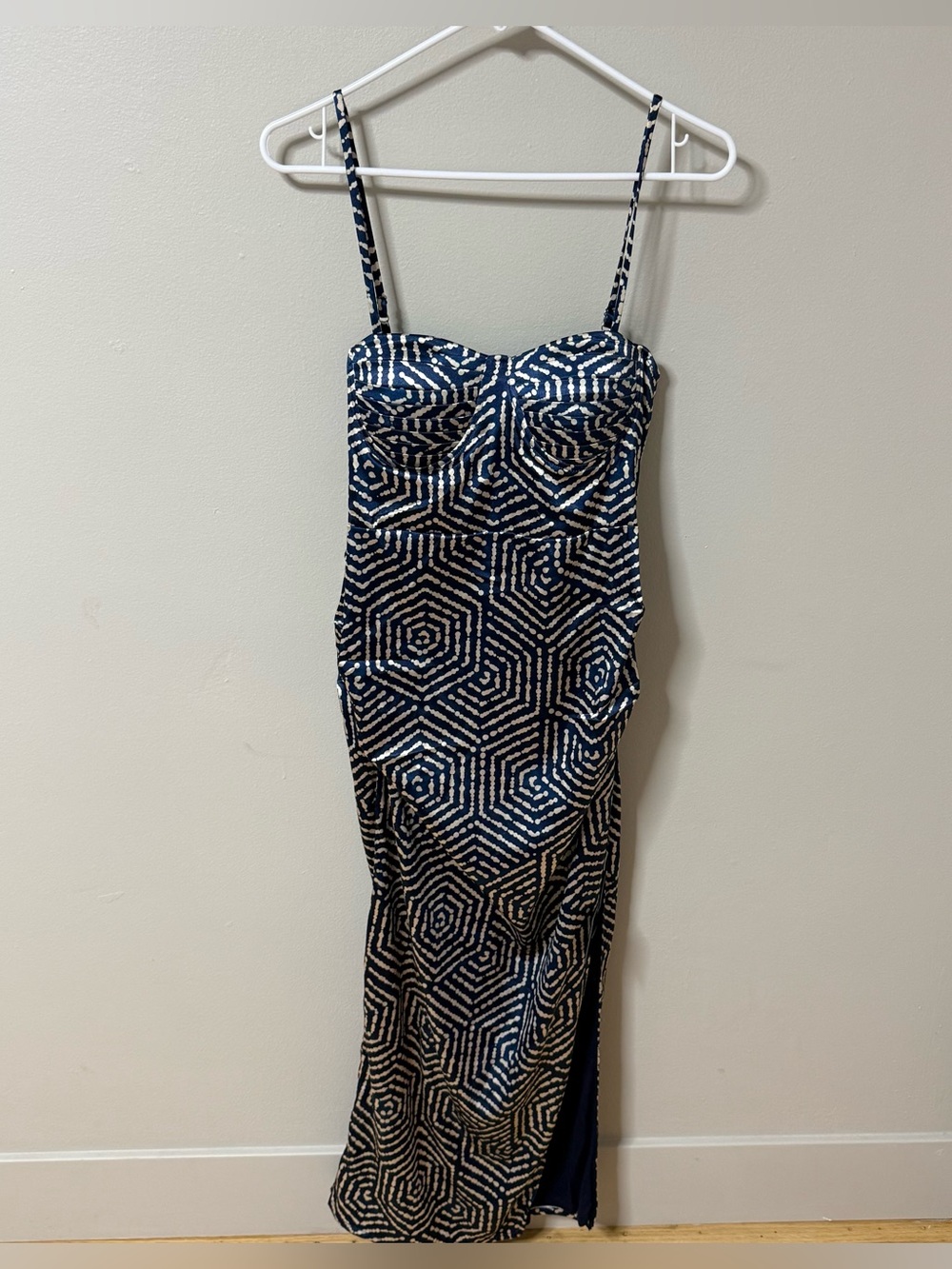 AVERIE Halley Draped Midi Dress Corset Top Satin Cocktail Blue Geometric Medium